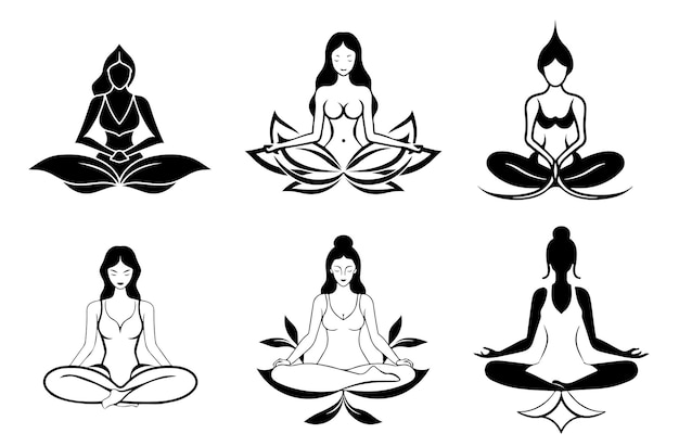 Girl sitting in lotus position yoga set of symbols and signs yoga icon set hand drawn