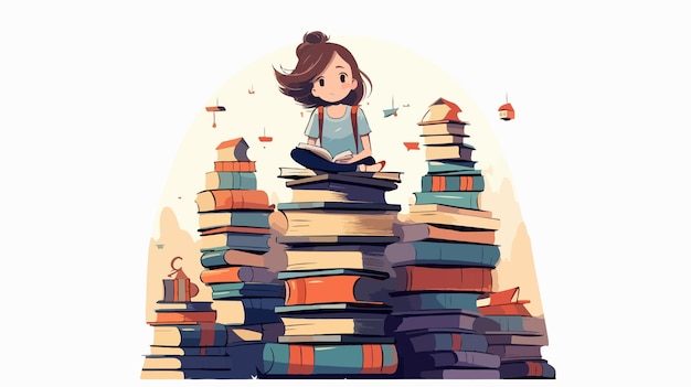 a girl sitting on a pile of books with a book titled  the title