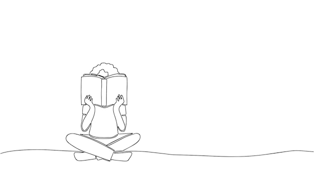 Girl sitting and reading book. Hand draw line art out line continuous line. Vector illustration