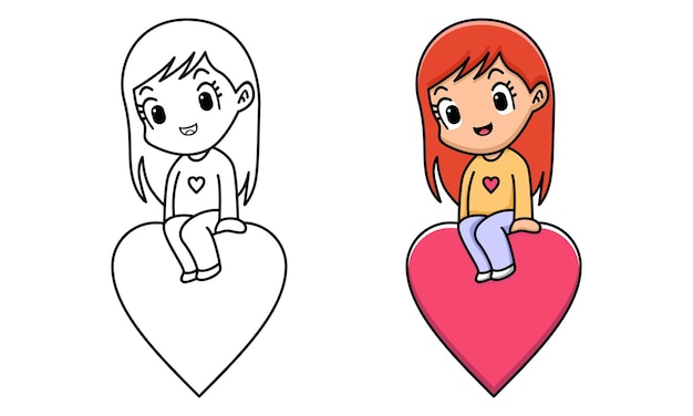 girl sitting on red heart coloring page for kids