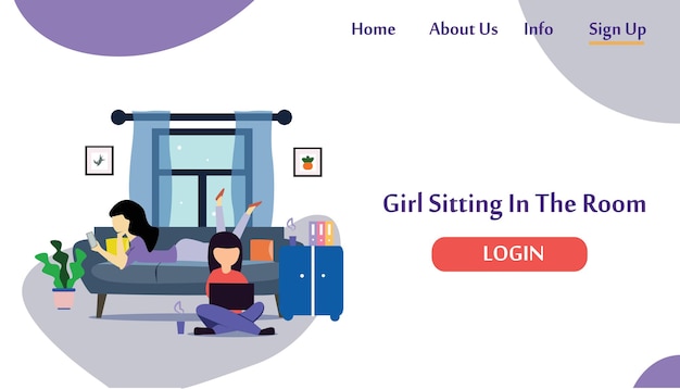 A girl sitting in the room on the sofa playing with gadget. Vector flat illustration.landing page template, cartoon style