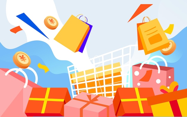 Girl sitting in shopping cart with shopping bags in hand vector illustration