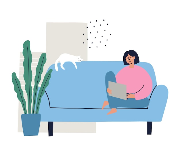 Girl sitting on a sofa working on a laptop. Freelance, work from home concept. Hand drawn flat vector illustration.