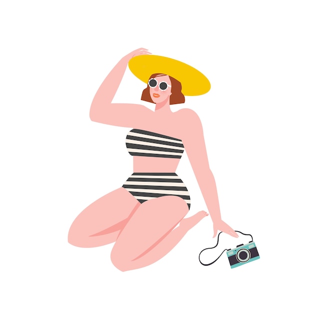 A girl sitting in a swimsuit on the beach with a camera. Flat Retro illustration.