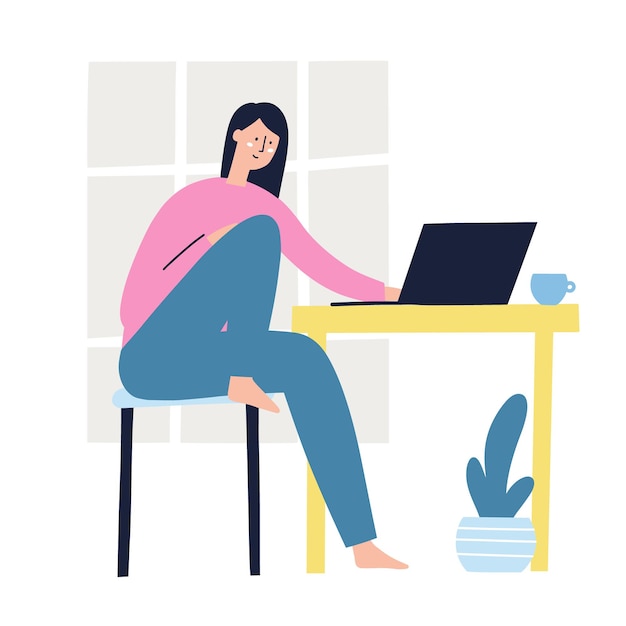 Girl sitting at the table working on the laptop. Freelance, work at home concept. HAnd drawn vector illustration for apps, social media.