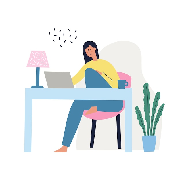 Girl sitting at the table working on the laptop. Freelance, work at home concept. HAnd drawn vector illustration.