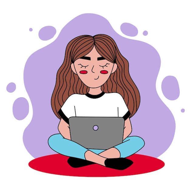 Girl sitting with laptop in a lotus position Vector illustration of freelance work at home work office education meditation Remote work and communication in social networks