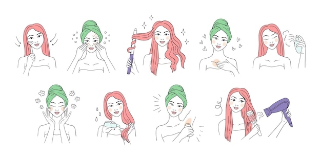 Girl Skin Care Routine icon set line art style Woman Beauty procedures skincare hair care