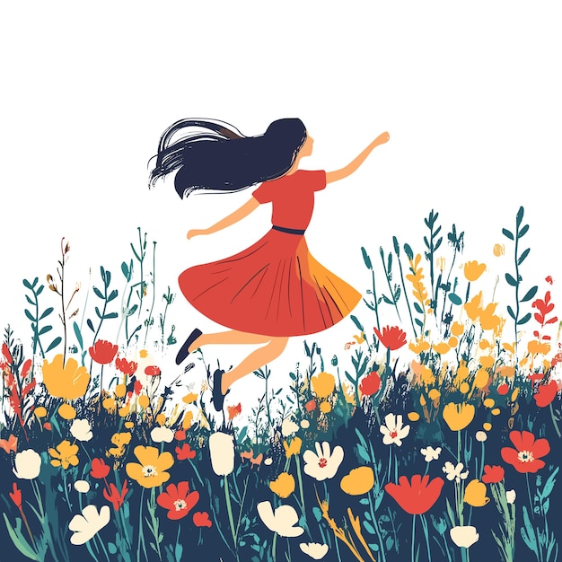 Vector a girl skipping through a field of flowers