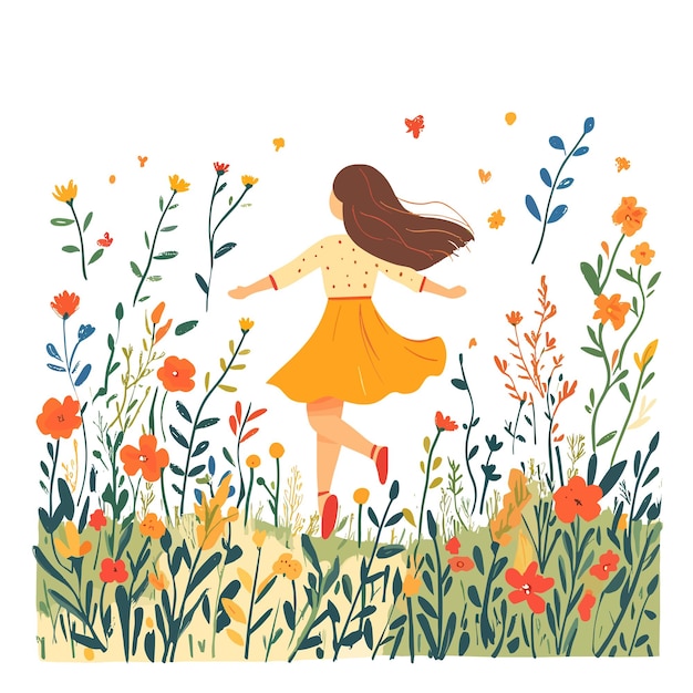 Vector a girl skipping through a field of flowers