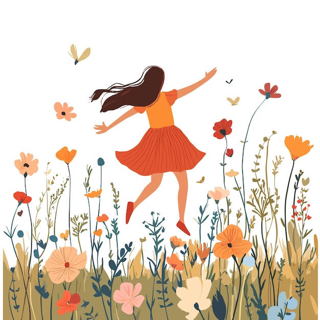 Vector a girl skipping through a field of flowers