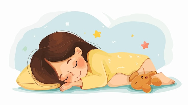 Vector girl sleeping in bed with toy vector illustration