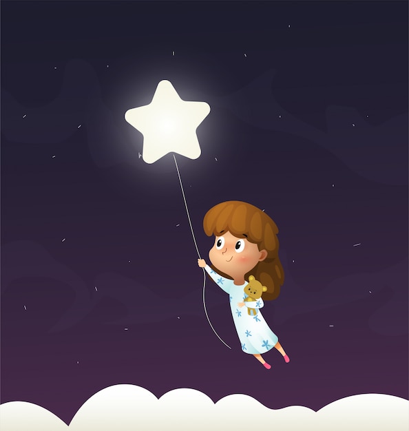 Girl sleeps and flying through the night sky in her dream