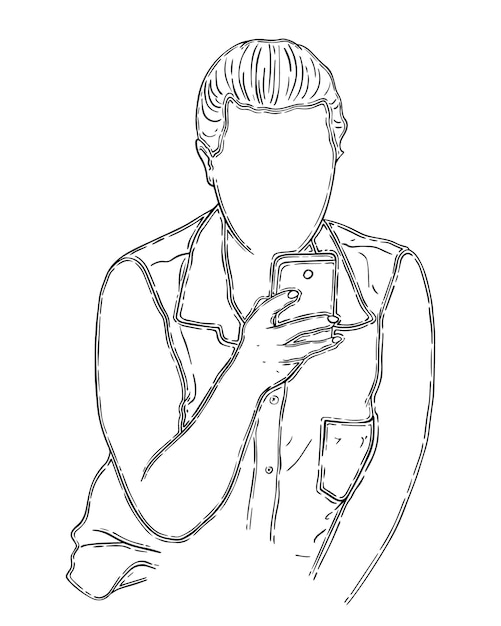 Girl in a sleeveless blouse with a phone in her hand with matched hair doodle linear cartoon