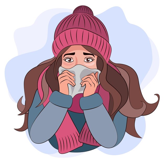 Vector girl sneezes illness respiratory disease feeling unwell in cold weather winter