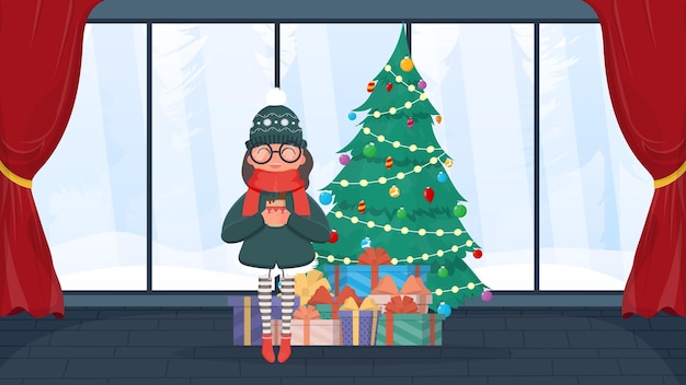 A girl in a snowy forest drinks a hot drink on the background of a pine tree and gifts. A woman in warm winter clothes holds a cup in her hands. Vector illustration