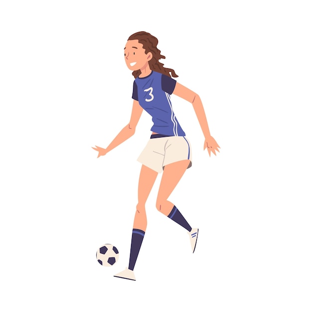 Vector girl soccer player character young woman in sports uniform playing football female athlete dribbling