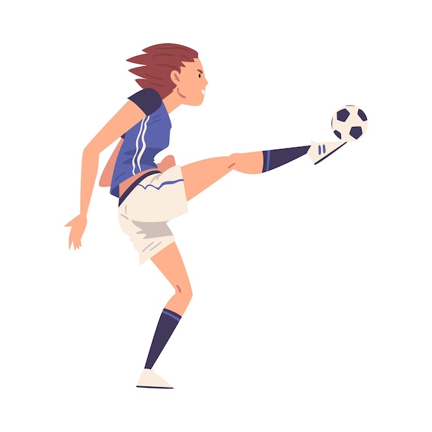 Vector girl soccer player character young woman in sports uniform playing football female athlete kicking