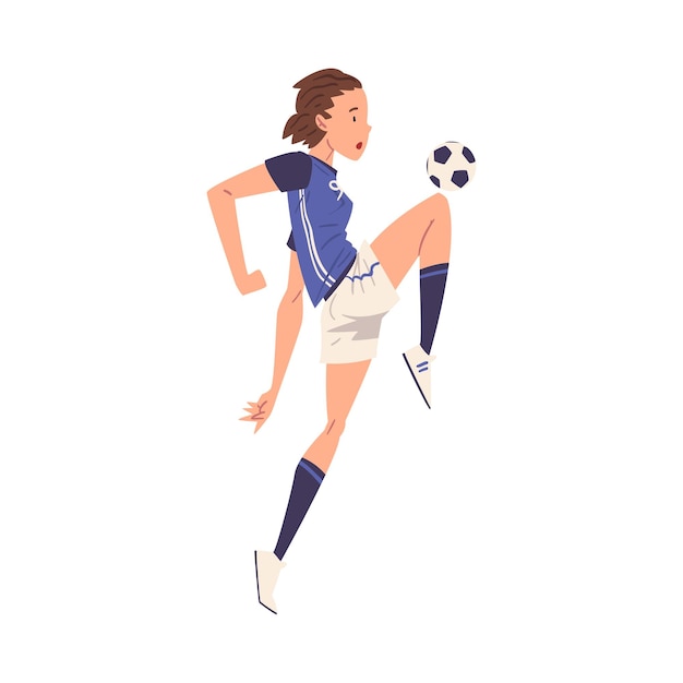 Girl soccer player character young woman in sports uniform playing football female athlete kicking