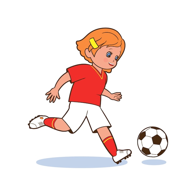 Girl soccer player kicking a soccer ball. Isolated vector illustration in cartoon style on white background for children