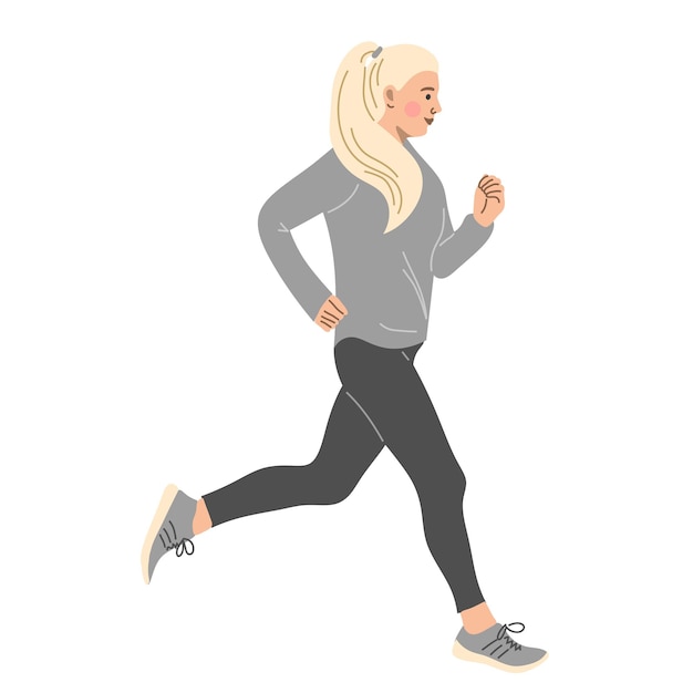 A girl in sports clothes is running a fulllength profile view Flat vector illustration