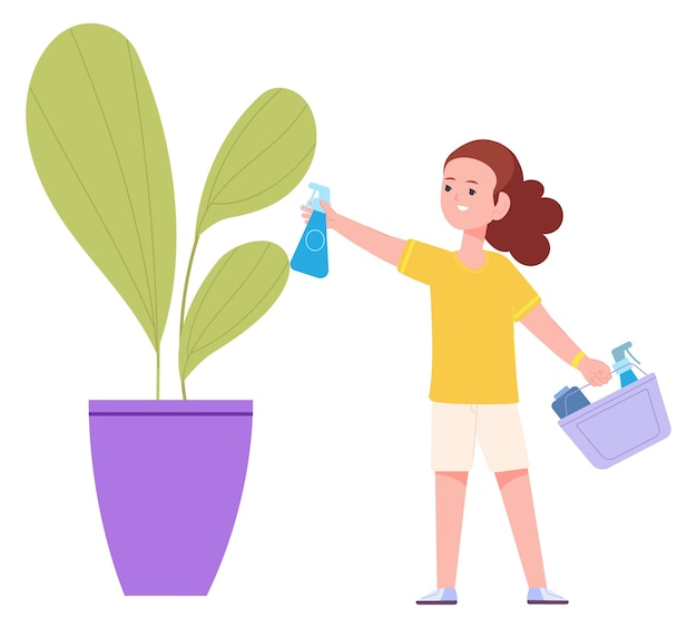 Girl spraying houseplant Kid cleaning house Child housework