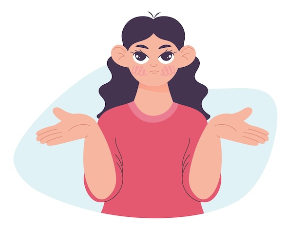 Girl spreads her hands expresses misunderstanding vector illustration