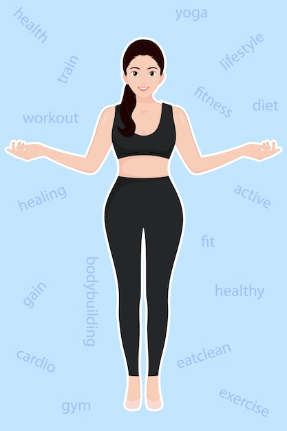 Vector girl standing pose full body asian woman yoga fitness gym exercise cardio concept sportwear fashion