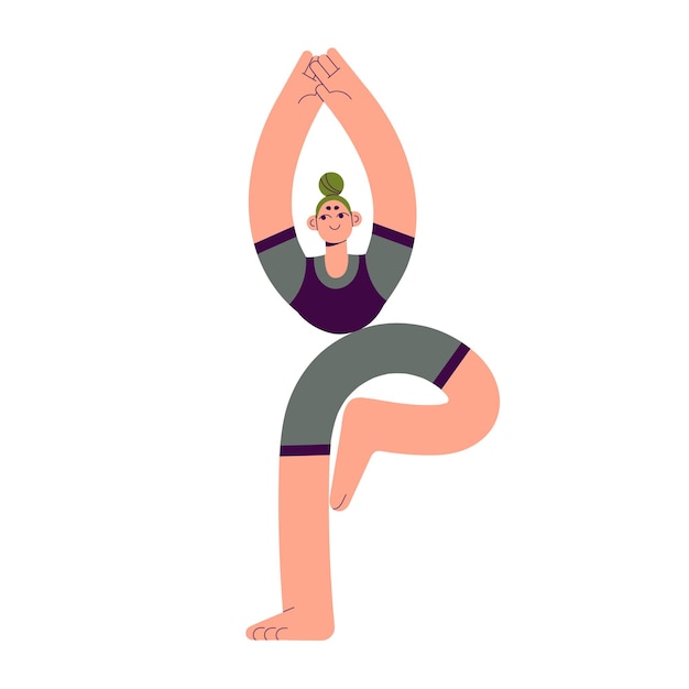 Girl standing in Tree pose Vrikshasana Young happy woman training doing exercise in posture Character during gymnastic physical workout Flat vector illustration isolated on white background