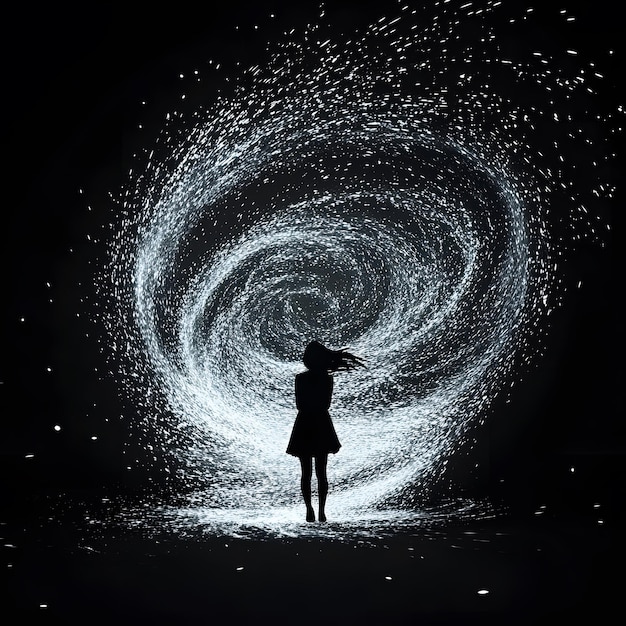 Vector a girl stands in a circle of stars and the word star is on the black background