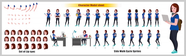 Girl Student Character Design Model Sheet with walk cycle animation. Girl Character design. Front, side, back view and explainer animation poses. Character set with various views and lip sync