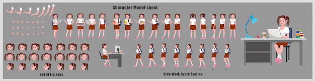 Girl Student Character Design Model Sheet with walk cycle animation. Girl Character design. Front, side, back view and explainer animation poses. Character set with various views and lip sync