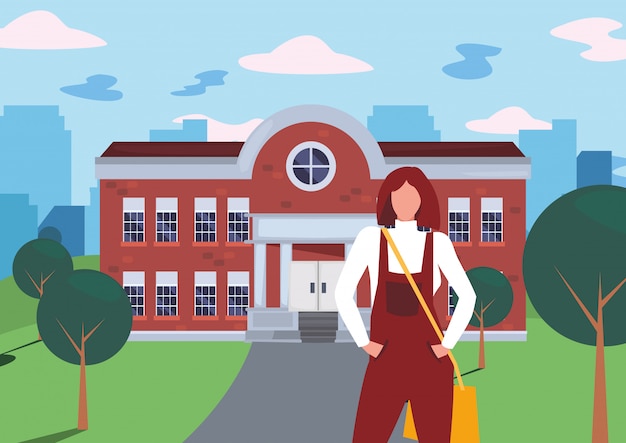 Girl student in front of school building illustration