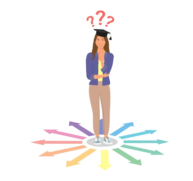 A girl student is at a crossroads in her choice of profession  vector cartoon illustration