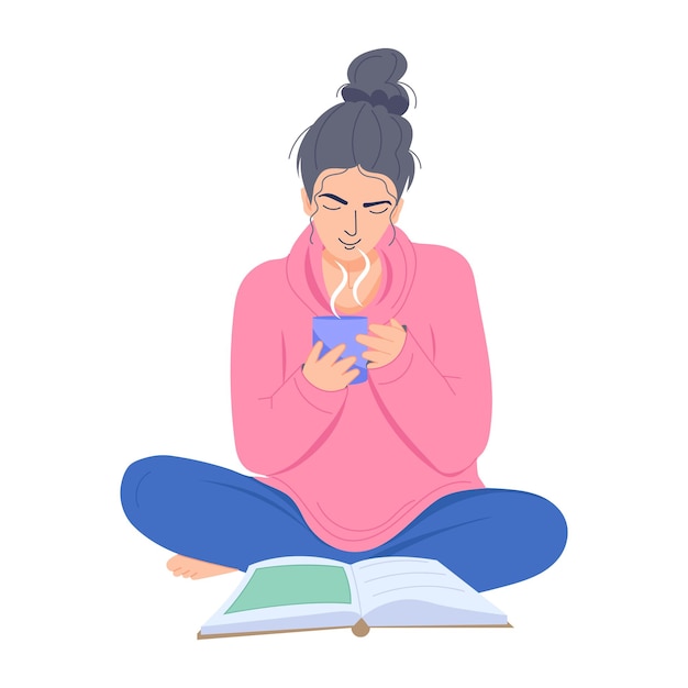 Girl studying books flat illustration