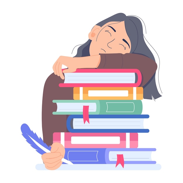 Girl studying books flat illustration