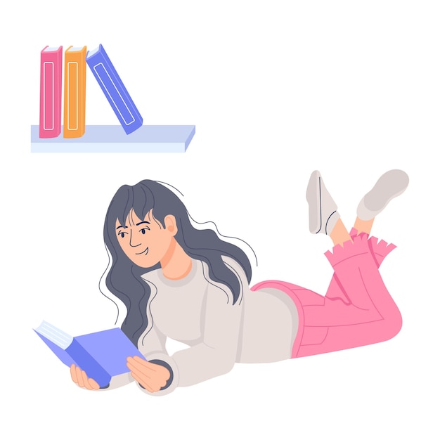 Girl studying books flat illustration