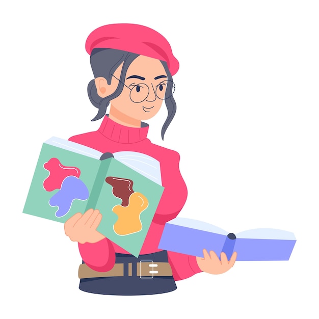 Girl studying books flat illustration