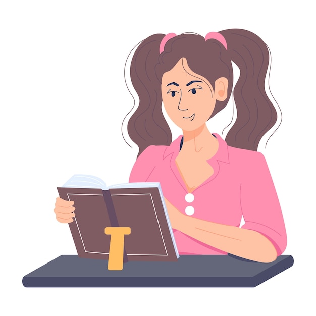 Girl studying books flat illustration