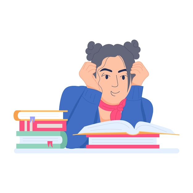 Girl studying books flat illustration