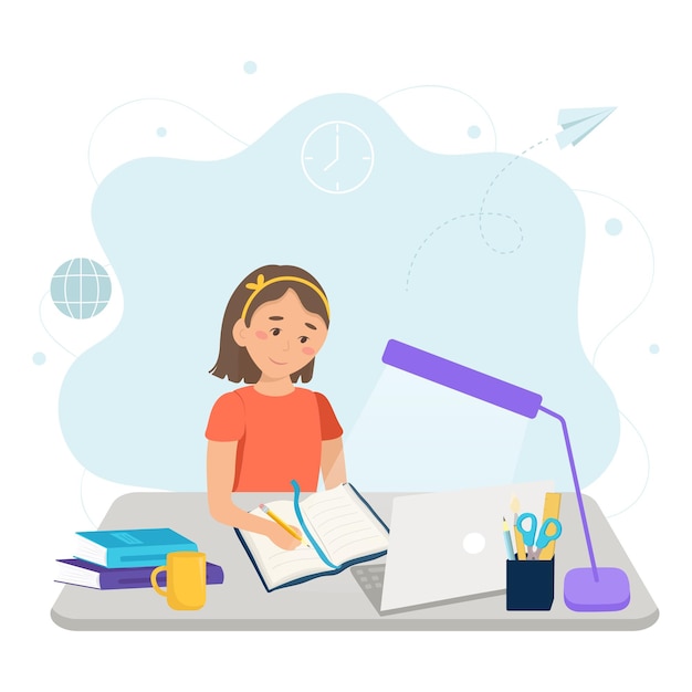 Girl studying online education at home at the desk Student at workplace desktop doing homework