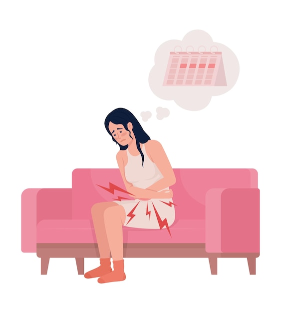 Girl suffering from unbearable menstrual cramps semi flat color vector character