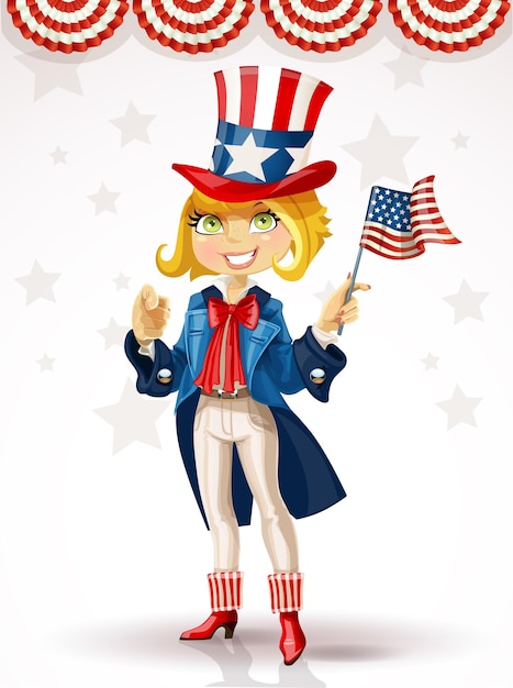 Girl in suit of Uncle Sam stands on podium