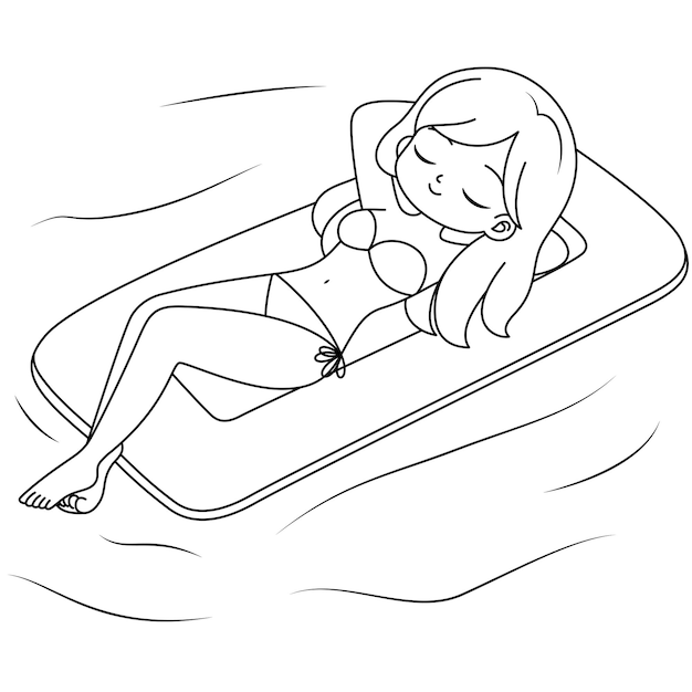 The girl sunbathe in the pool coloring page for kids Summer outline Summer coloring book for kids