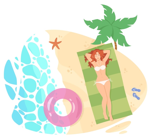 Girl sunbathes on the beach. Top view. Flat design.