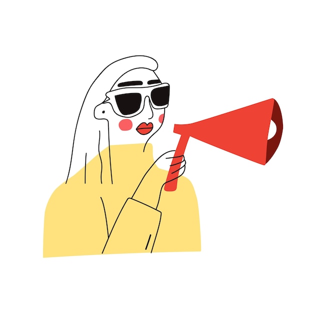 Girl in sunglasses speaks on megaphone Vector hand drawn illustration