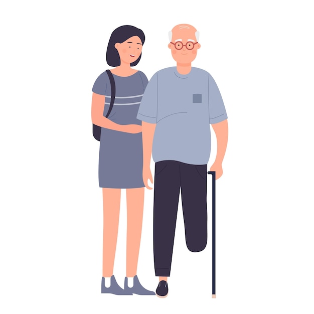 Girl supporting senior man with amputated leg