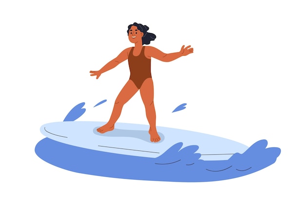 Vector girl on surfboard kid surfing on board riding sea waves happy child surfer active adventure on beach summer holiday sports activity flat vector illustration isolated on white background