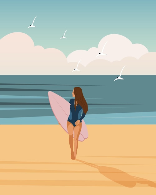 Girl surfer on the seashore with a surfboard against the backdrop of a seascape Outdoor activities