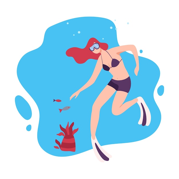 Girl in swimsuit goggles and flippers swimming under the water extreme hobby flat vector